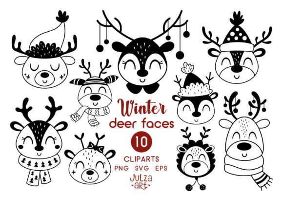 Black Christmas Deer Faces Clipart for Modern Illustrations