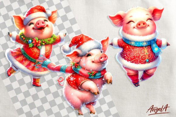 Christmas Clipart, Cute Pig Illustrations for Branding