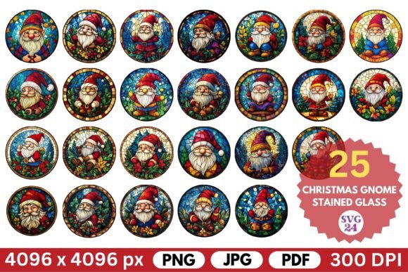 Christmas Gnome Stained Glass Illustrations for Editorial Use