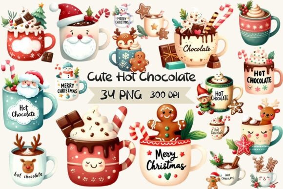 Cute Hot Chocolate Christmas Clipart for Illustrations