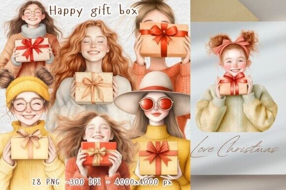 Fashion Girl Christmas Gift Box Clipart for Illustrations