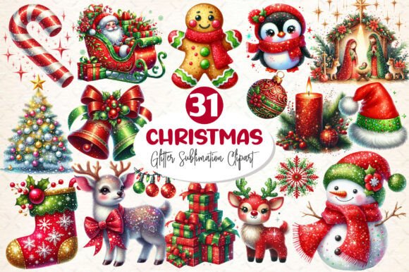 Glitter Christmas Sublimation Clipart for Illustrations