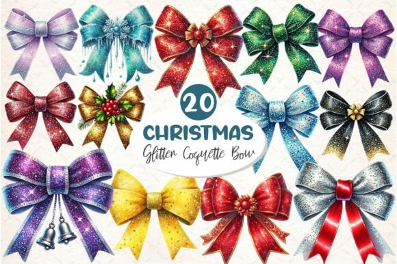 Glitter Coquette Christmas Bow Clipart for Illustrations