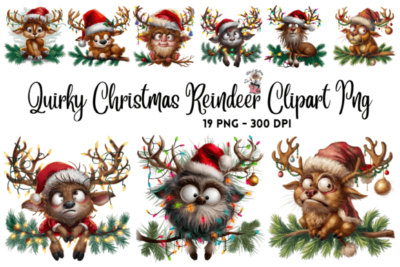 Quirky Christmas Reindeer PNG Bundle: Illustrations for Crafters