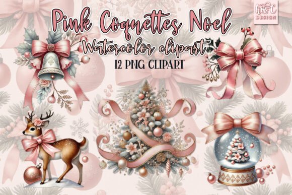 Watercolor Pink Coquette Christmas Noel Illustrations Review