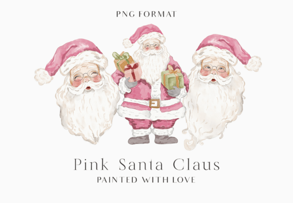 Watercolor Pink Santa Christmas Png Art for Illustrations